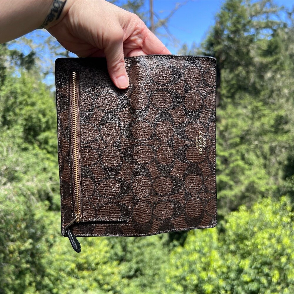 COACH Crossgrain Leather Bifold Wallet Brown Signature Canvas with Gold Hardware - Picture 3 of 7